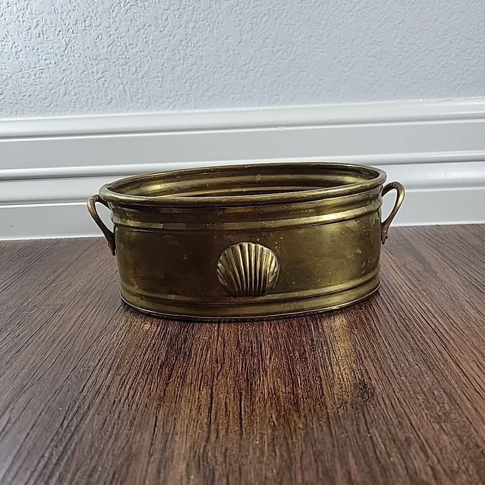 Vtg Solid Brass Oval Planter Bowl w/ Handles Made in India 8.5 x 5 x 3" Shell